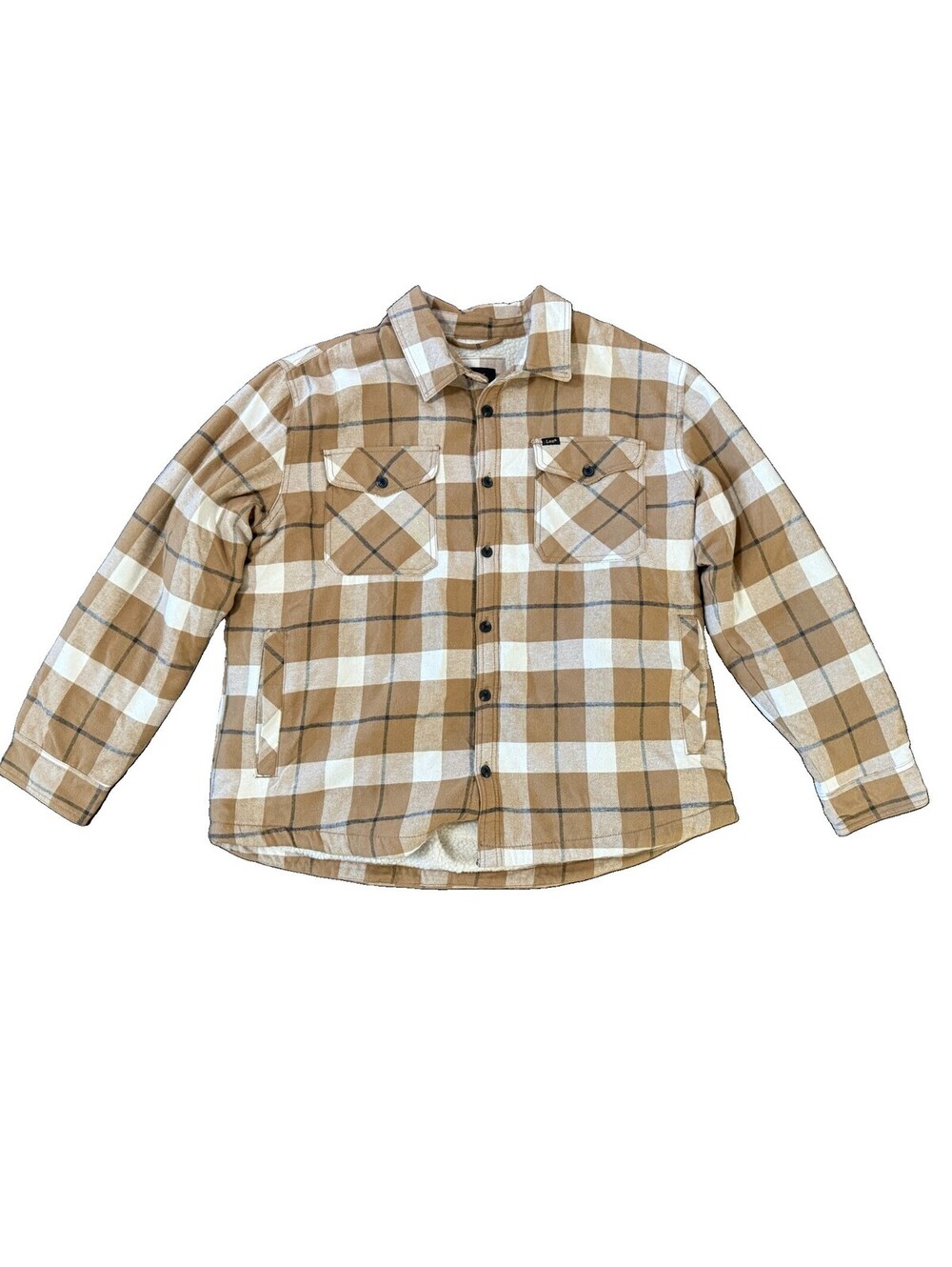 Lee Men’s Sherpa Lined Plaid Shirt Jacket Shacket Tan Cream Flannel Size 2XL